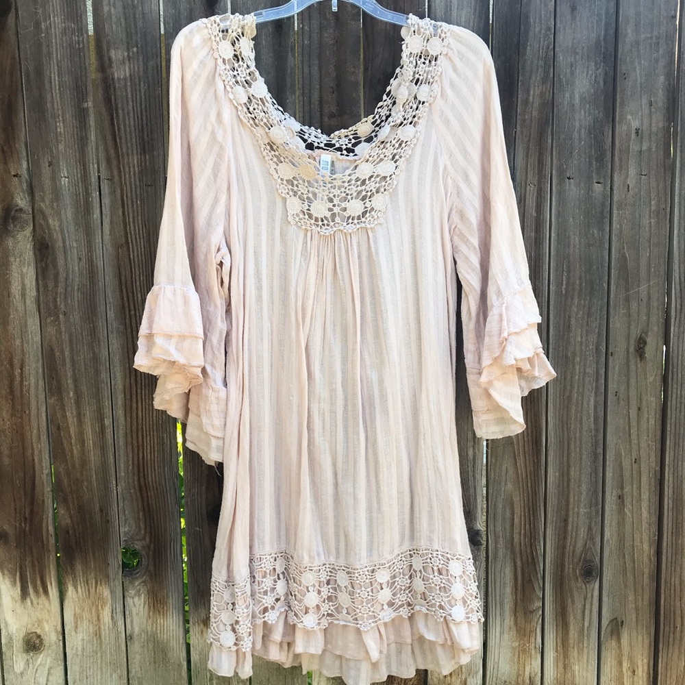 Ruffle Sleeve Crochet Neck Dress